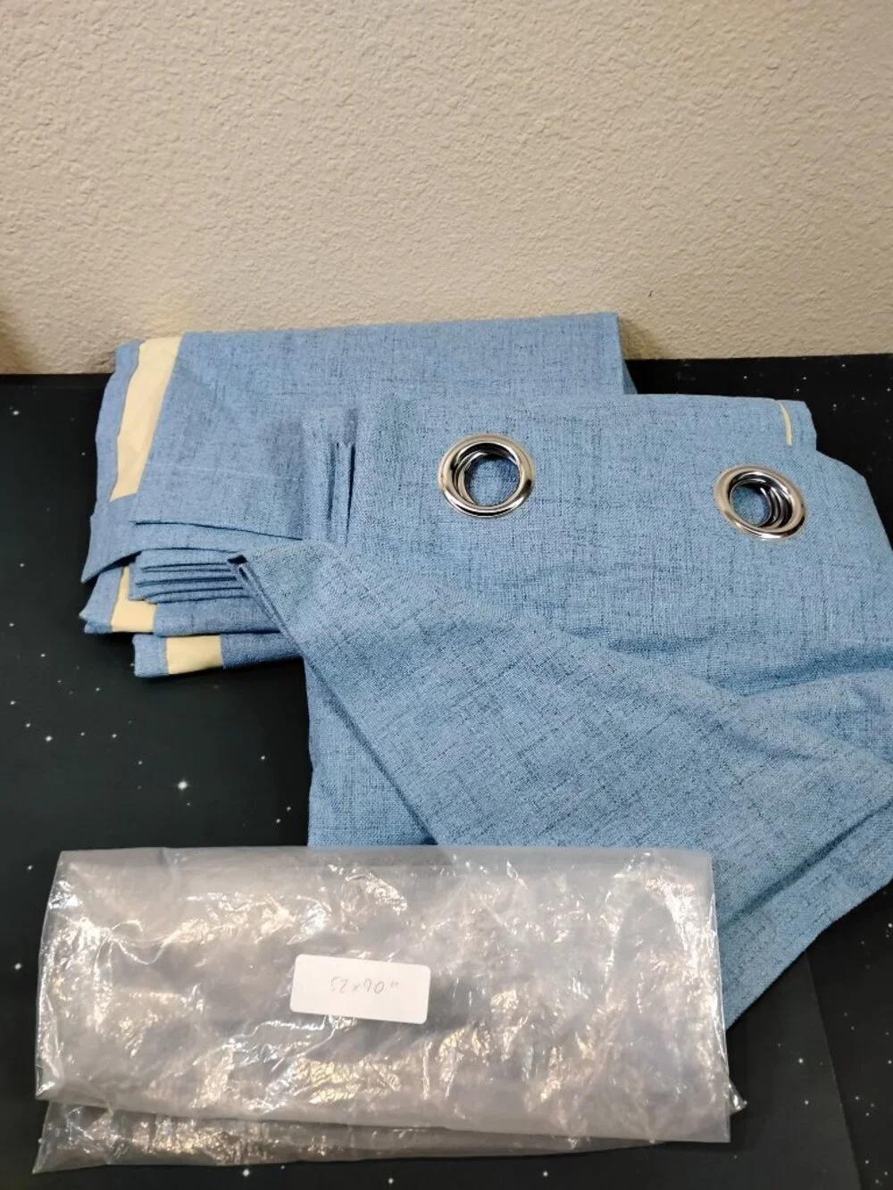 Pair Light Blue Linen Look Grommet Blackout Curtains Lined Window Panels 52x90